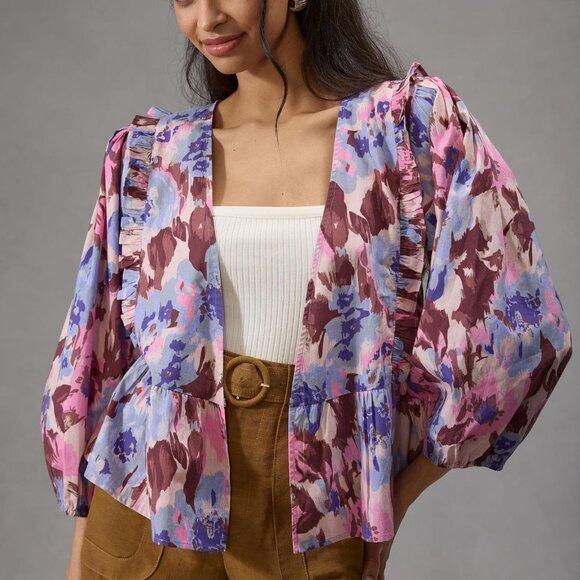 Women's Anthropologie ELIZABETH GILLETT Ruffled Cropped Kimono Jacket One Size - Picture 1 of 4